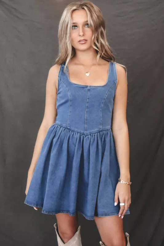 Hey There Darling Denim Low Back Dress sold by Amazing Lace