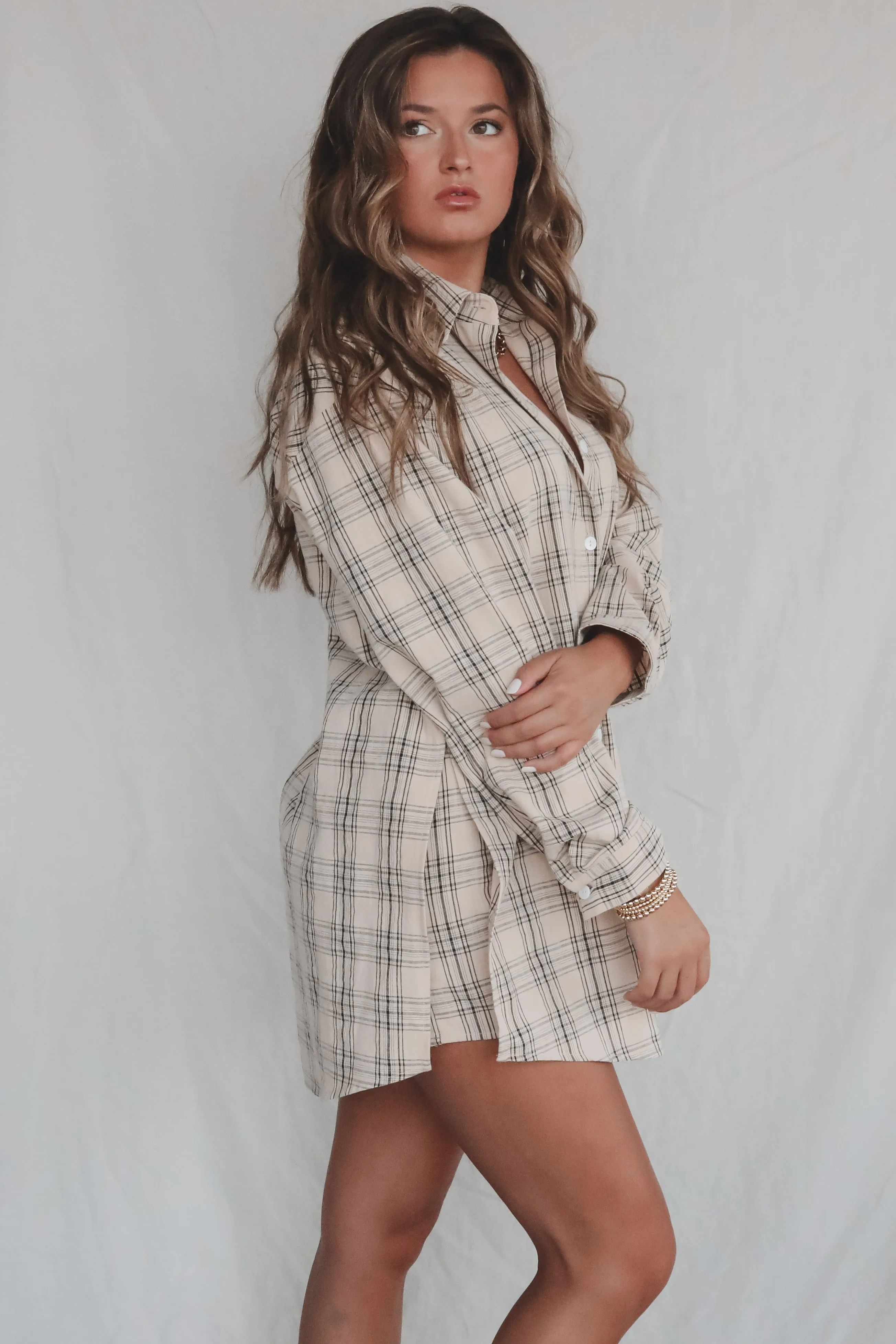 DEAL Cute Girl Cute Oversized Vanilla Mocha Plaid Shirt Romper sold by Amazing Lace product image thumbnail 3