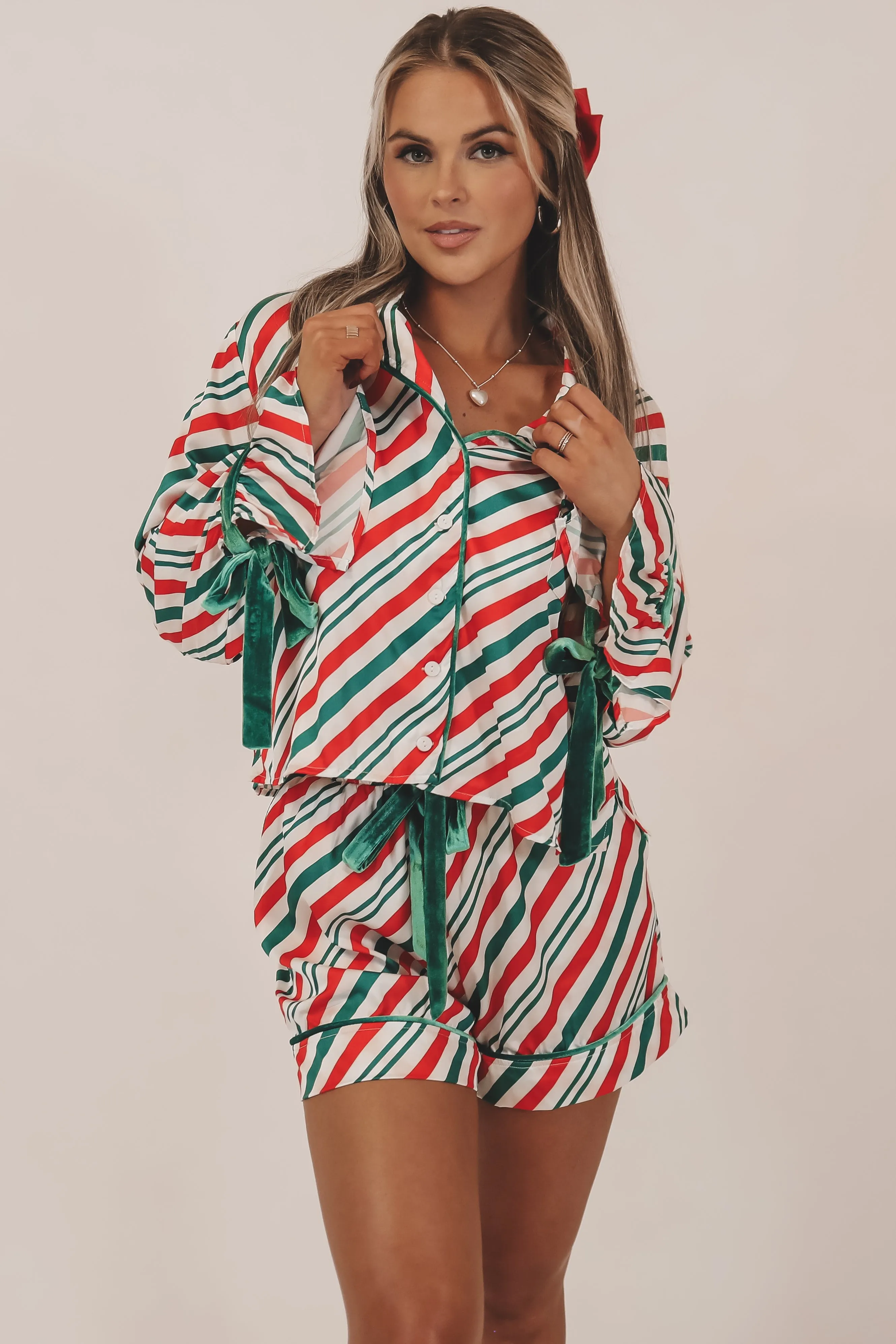 Oh Snowy Night Candy Cane Striped Satin Christmas Pajama Set PRE-ORDER sold by Amazing Lace product image thumbnail 2