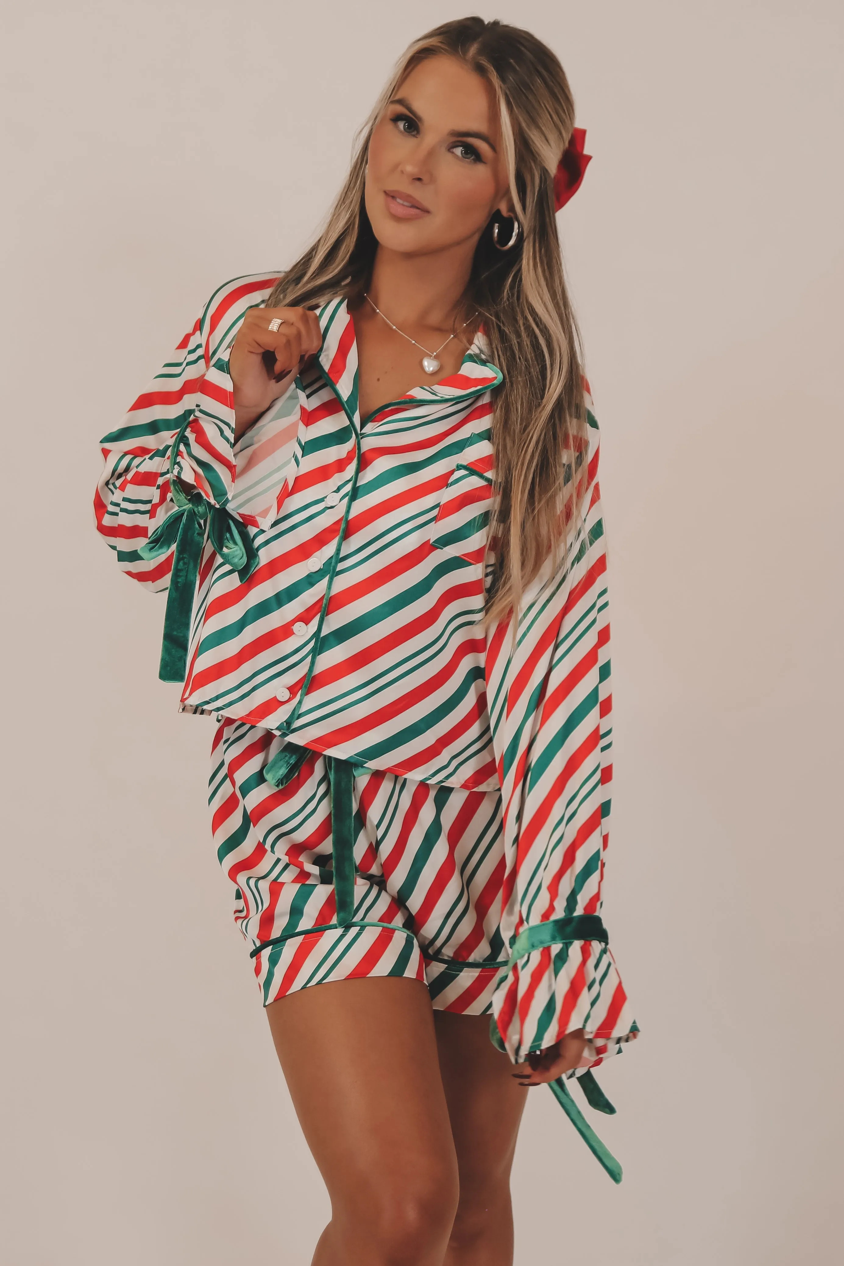 Oh Snowy Night Candy Cane Striped Satin Christmas Pajama Set PRE-ORDER sold by Amazing Lace product image thumbnail 5