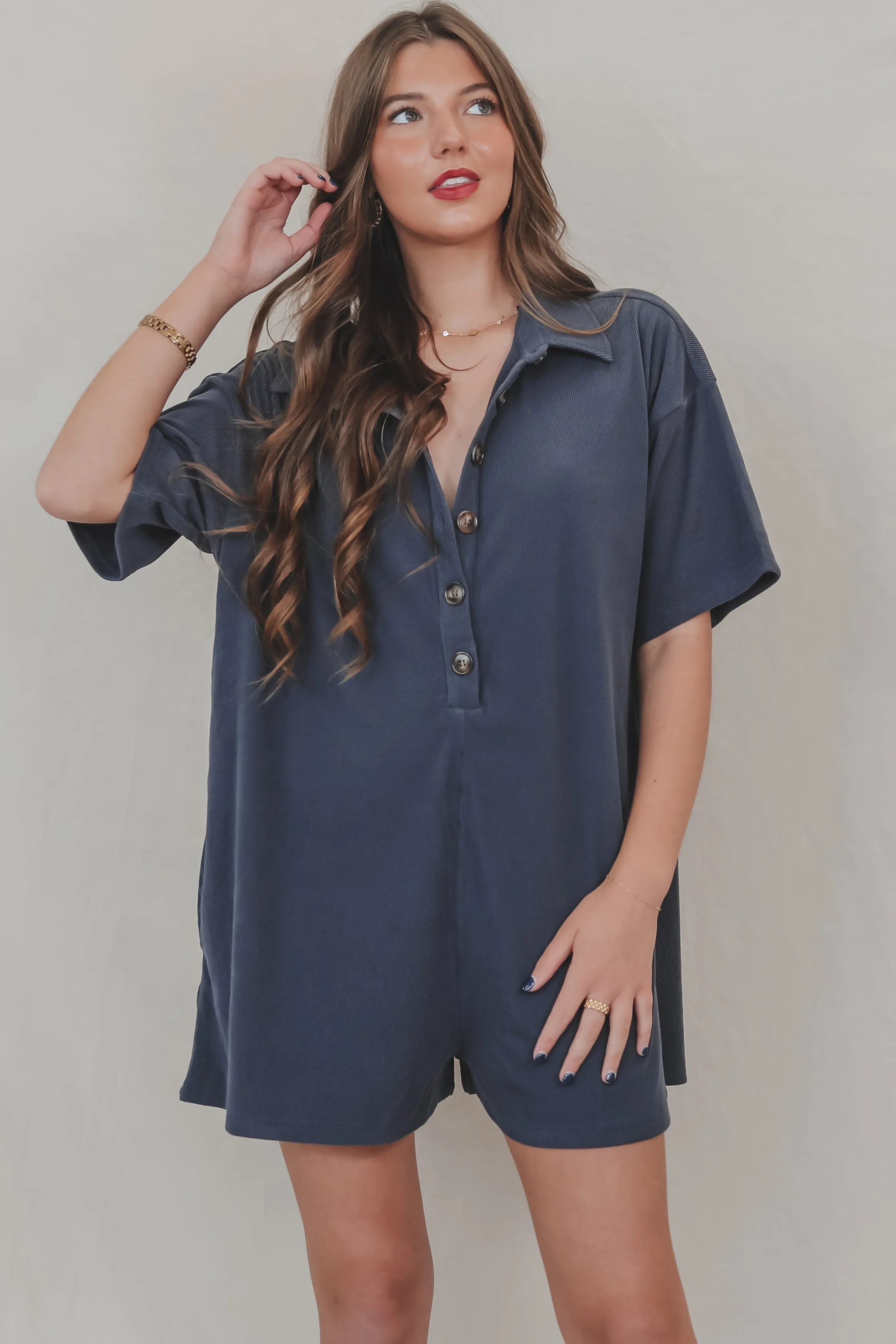 DEAL Cozy Together Button Up Navy Ribbed Romper sold by Amazing Lace product image thumbnail 5