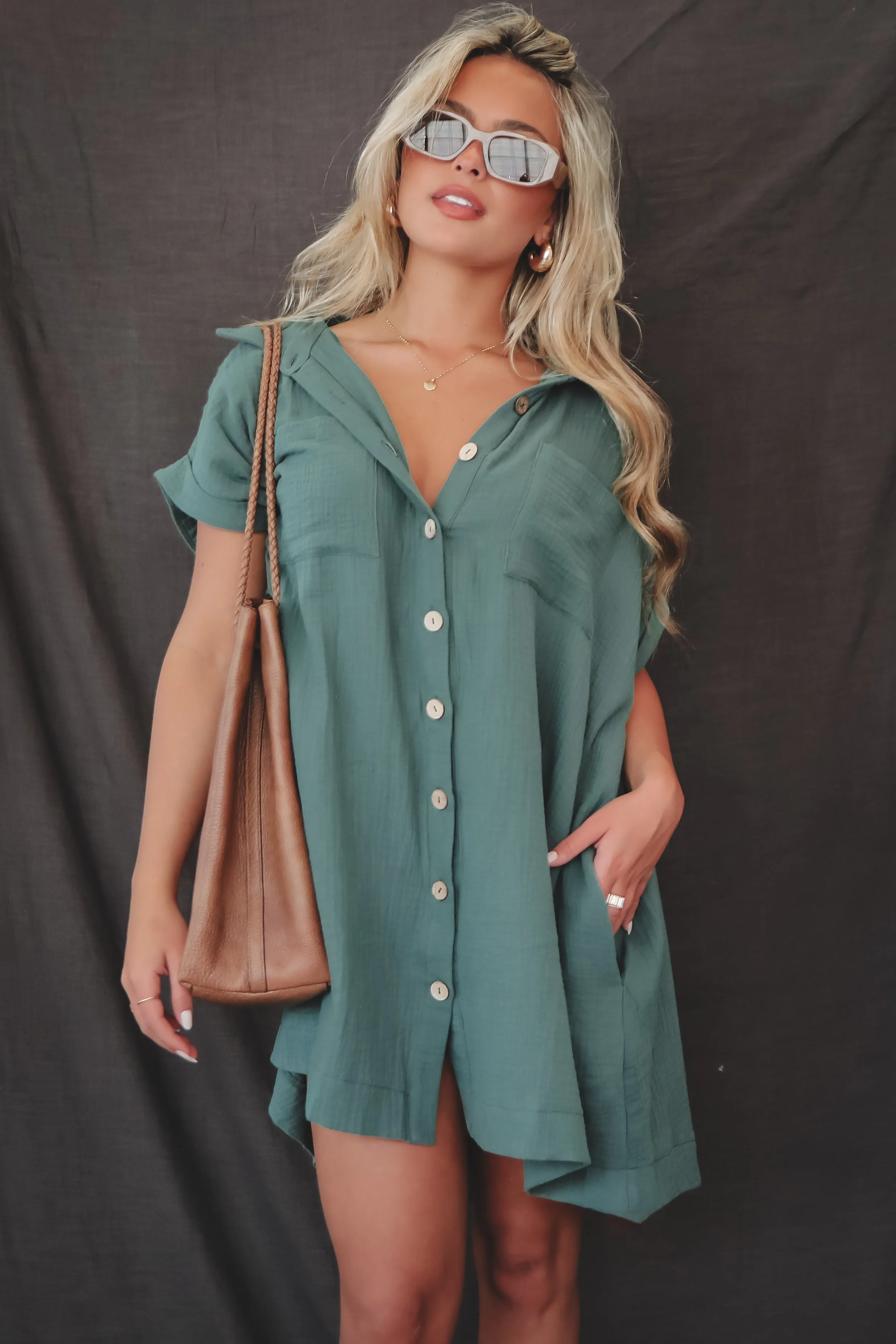 DEAL Hanging Out Tonight Green Linen Button Up Dress sold by Amazing Lace