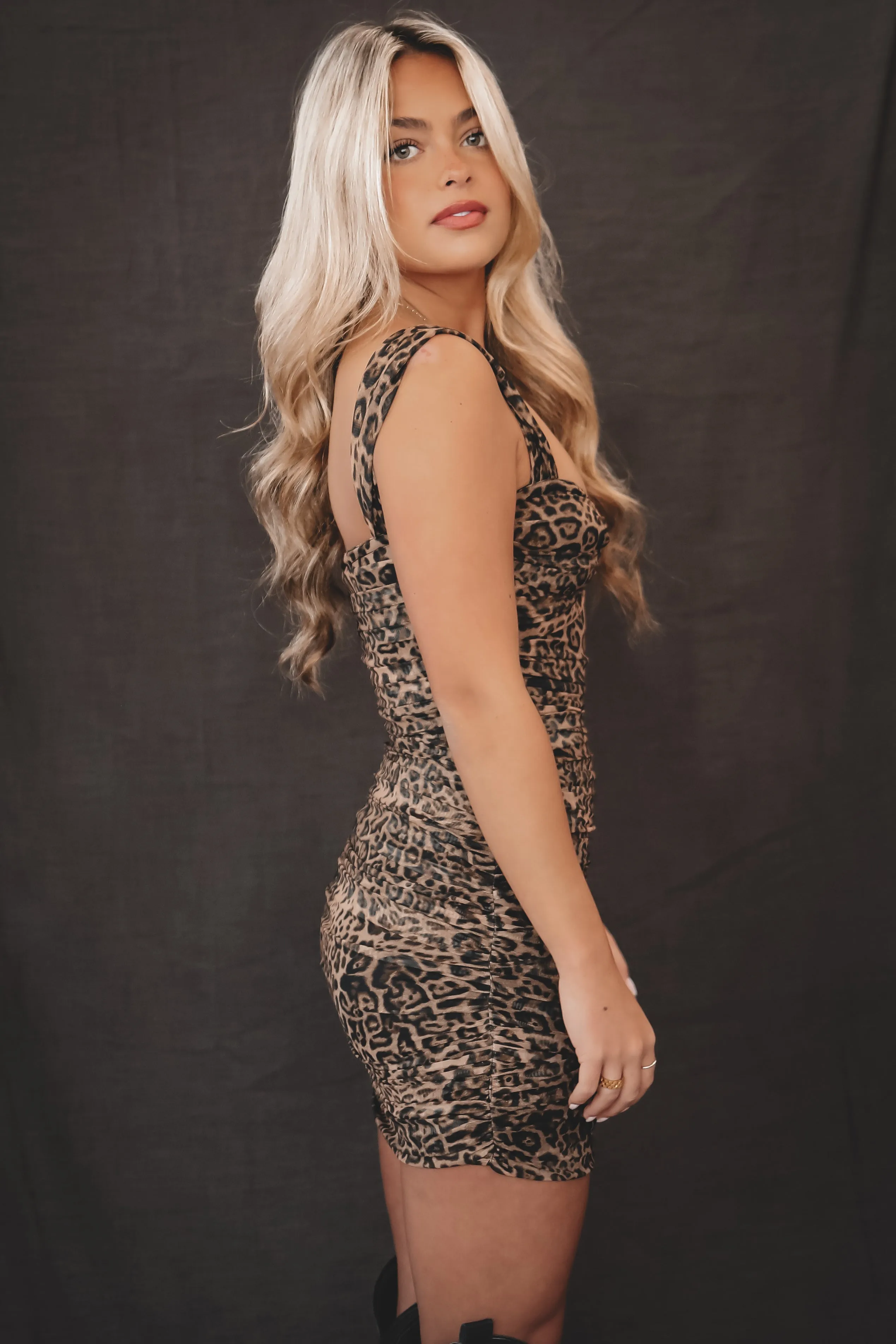 A Lap Around The Room Leopard Ruched Mini sold by Amazing Lace product image thumbnail 3