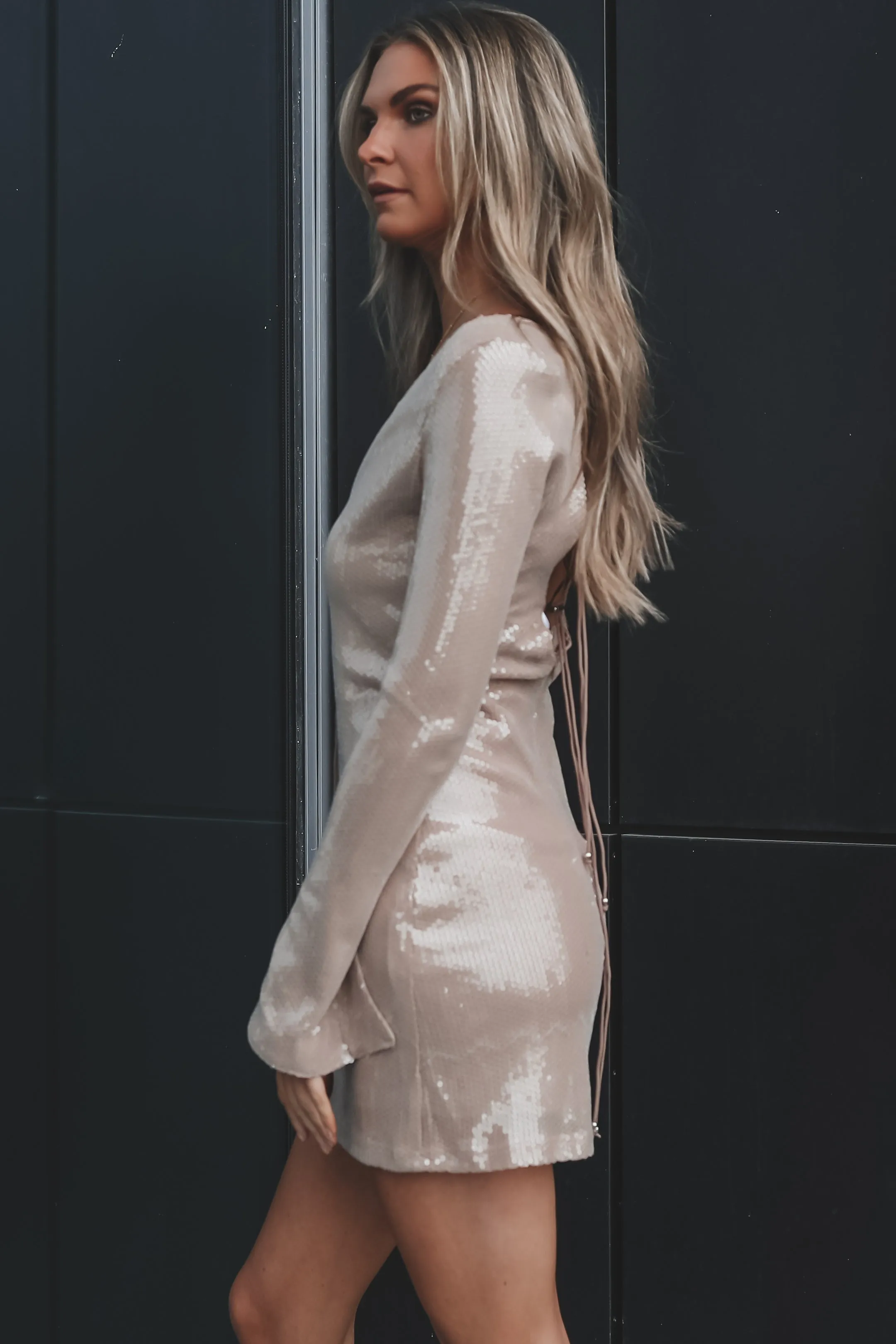 DEAL Written In The Stars Beige Sequin Long Sleeve Dress sold by Amazing Lace product image thumbnail 3