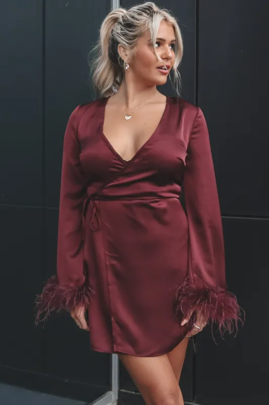 DEAL Ruffled Feathers Burgundy Satin Wrap Dress sold by Amazing Lace