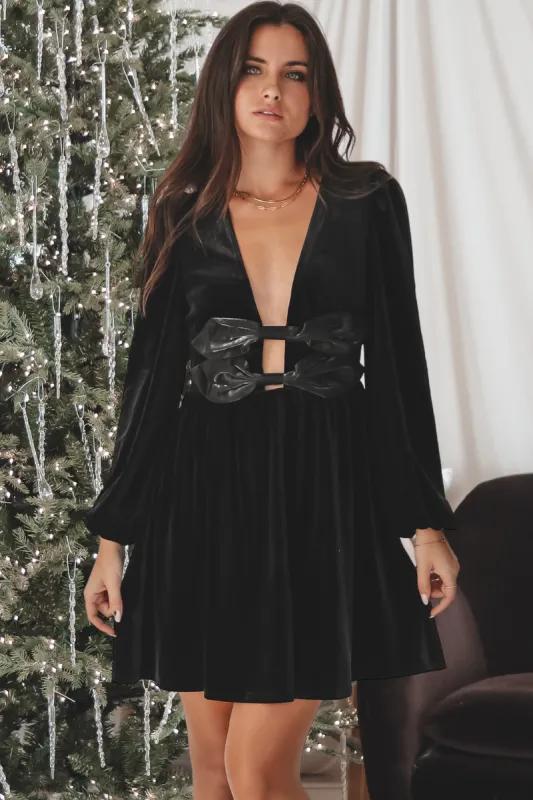 DEAL She Has Class Black Velvet Low V Neckline Bow Mini Dress sold by Amazing Lace