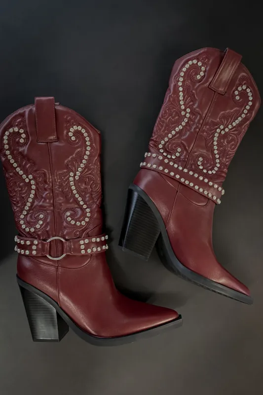 DEAL The Wine Is Flowing Burgundy Rhinestone Western Boots sold by Amazing Lace