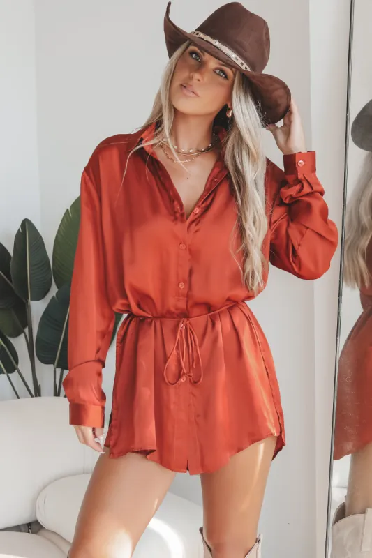 DOOR SMASHER 🎁🎅 Giving Beverly Hills Copper Satin Button Up Romper Dress sold by Amazing Lace