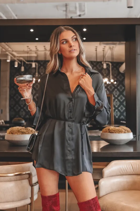 DOOR BUSTER ❄️☃️  Beverly Black Satin Romper sold by Amazing Lace