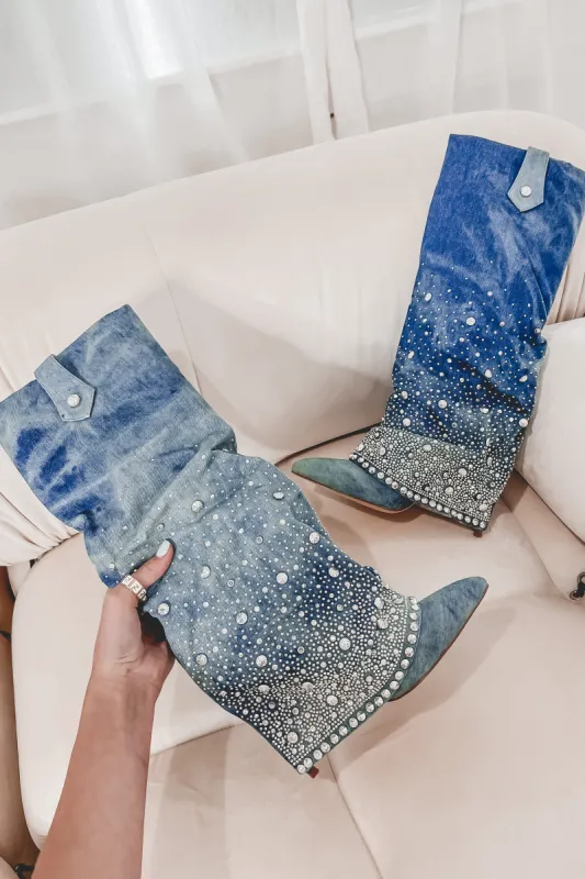 DEAL My Western Side Is Sparkling Denim Rhinestone Boots sold by Amazing Lace