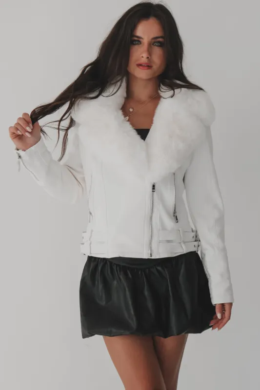 Did A Double Take White Faux Leather Fur Moto Jacket made by Amazing Lace