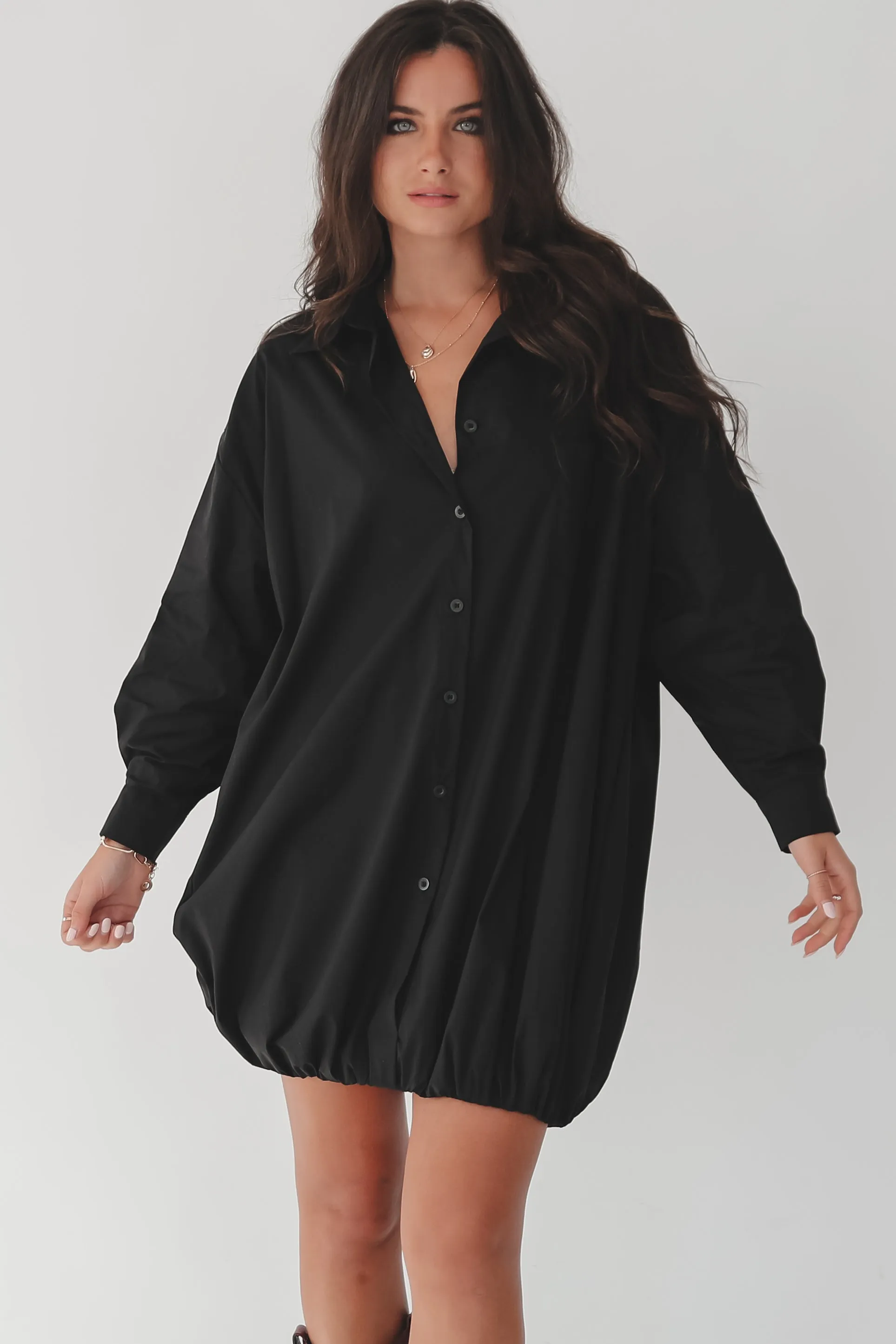 Dress Up Nice Black Bubble Button Up Shirt Dress sold by Amazing Lace