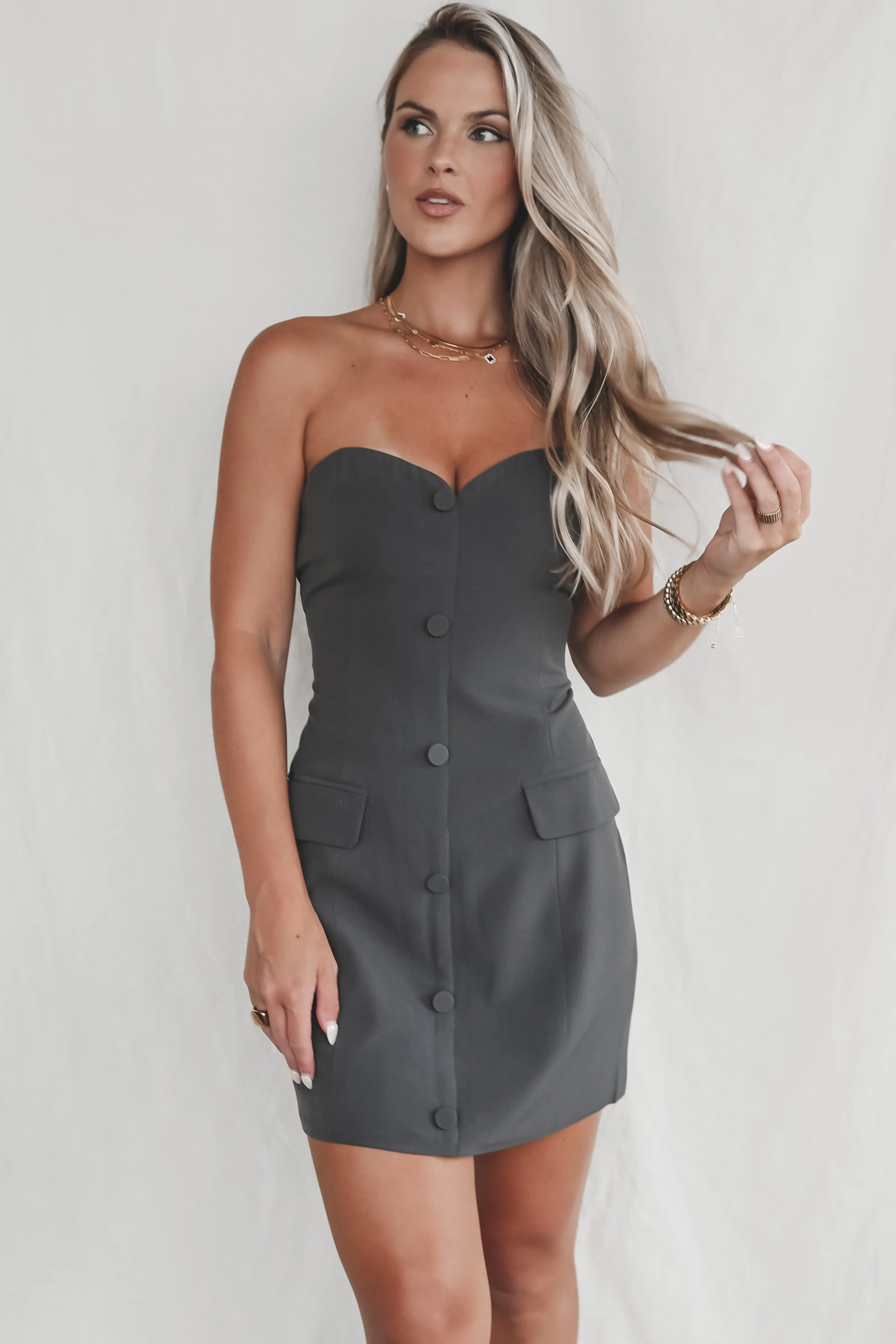 DEAL Gotta Work Cover Girl Charcoal Strapless Dress sold by Amazing Lace