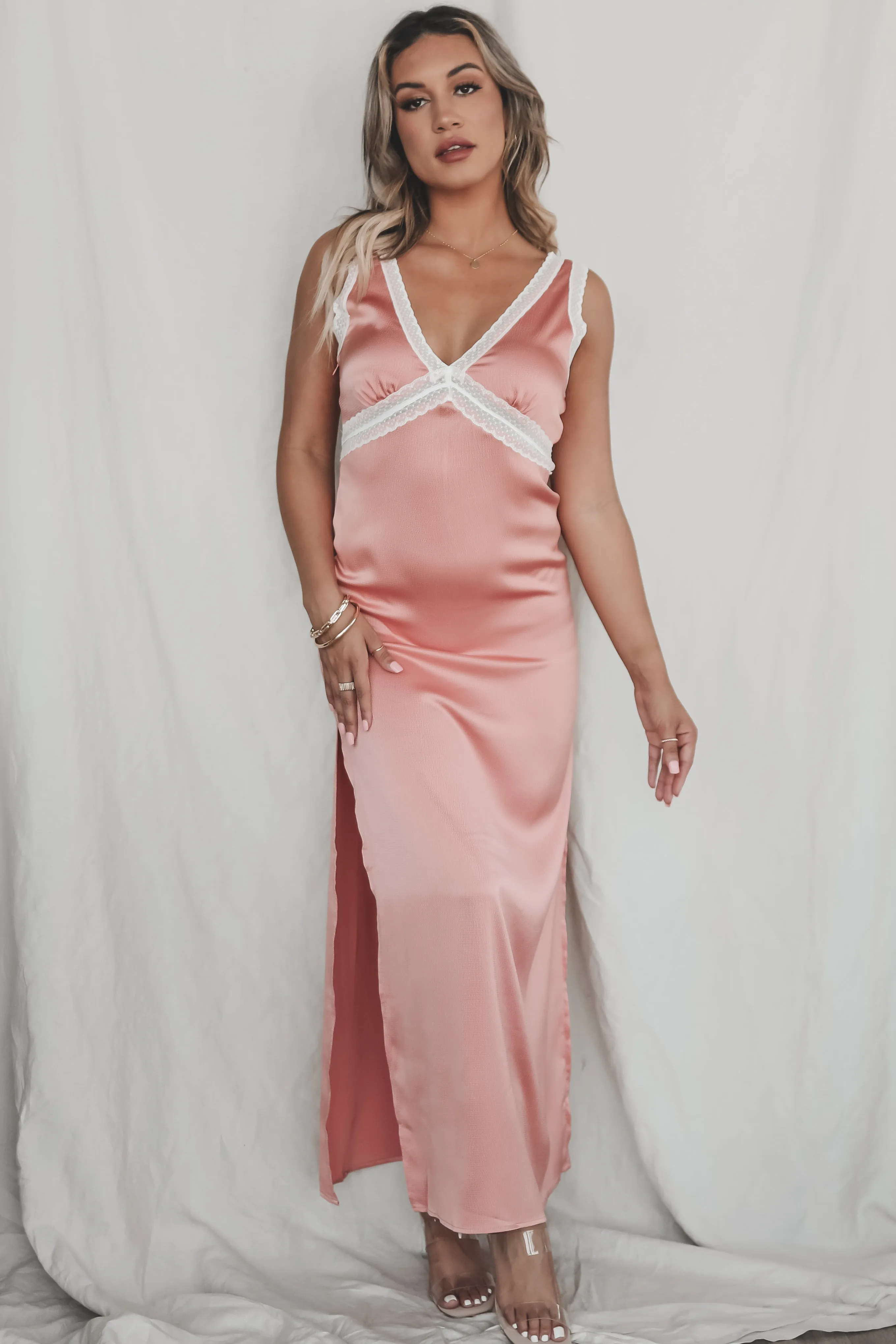 Summertime Plus One Rose Satin Maxi Dress sold by Amazing Lace