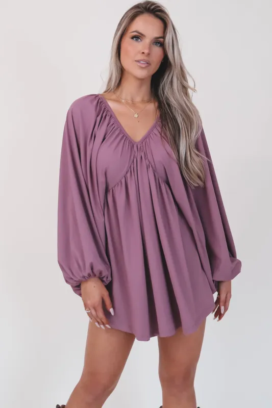 Something Extra Puff Sleeve Mauve V Plunge Dress sold by Amazing Lace
