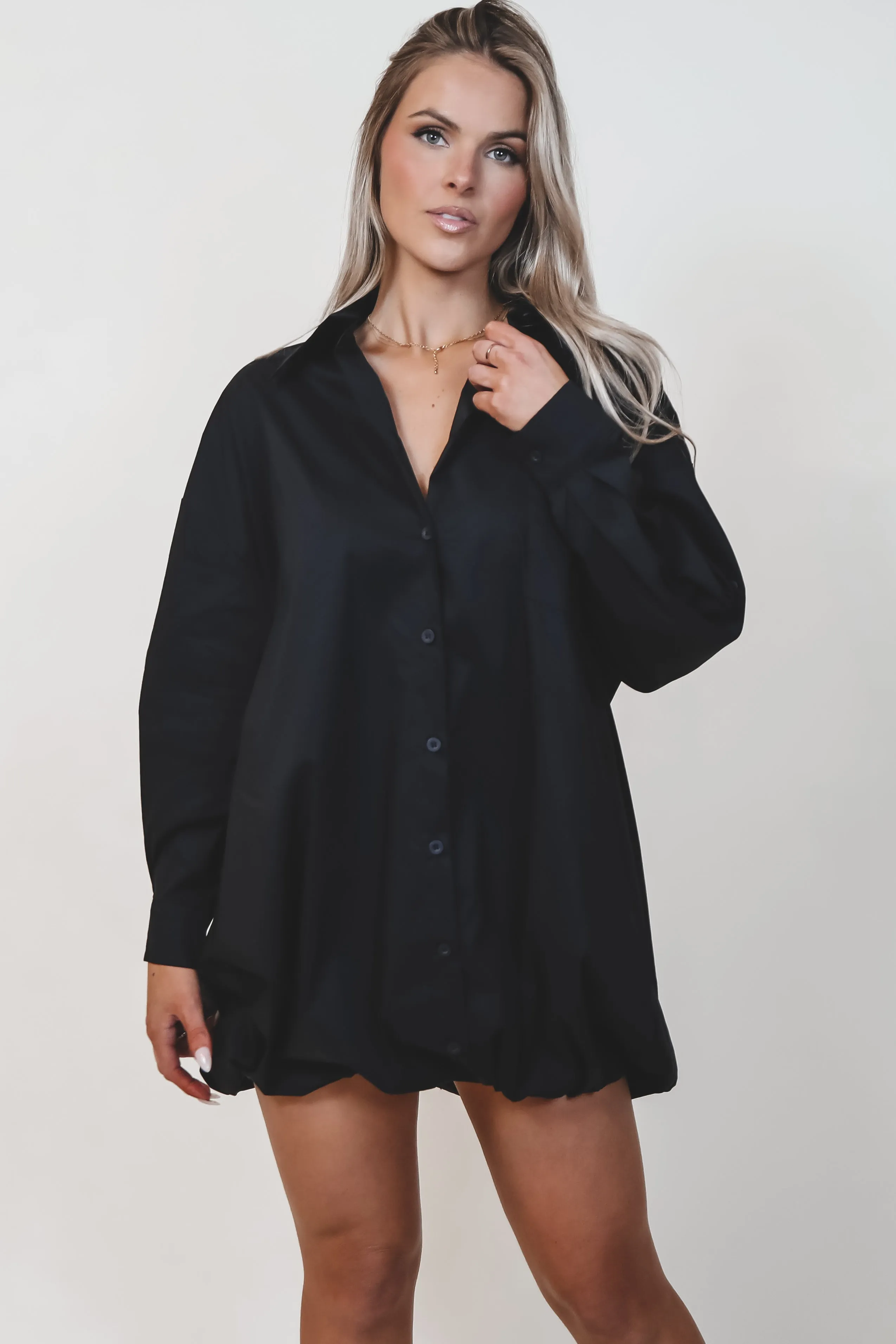 Dress Up Nice Black Bubble Button Up Shirt Dress sold by Amazing Lace