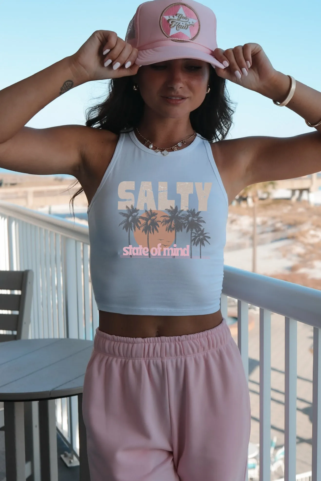 Salty State Of Mind White Graphic High Neck Crop Top sold by Amazing Lace