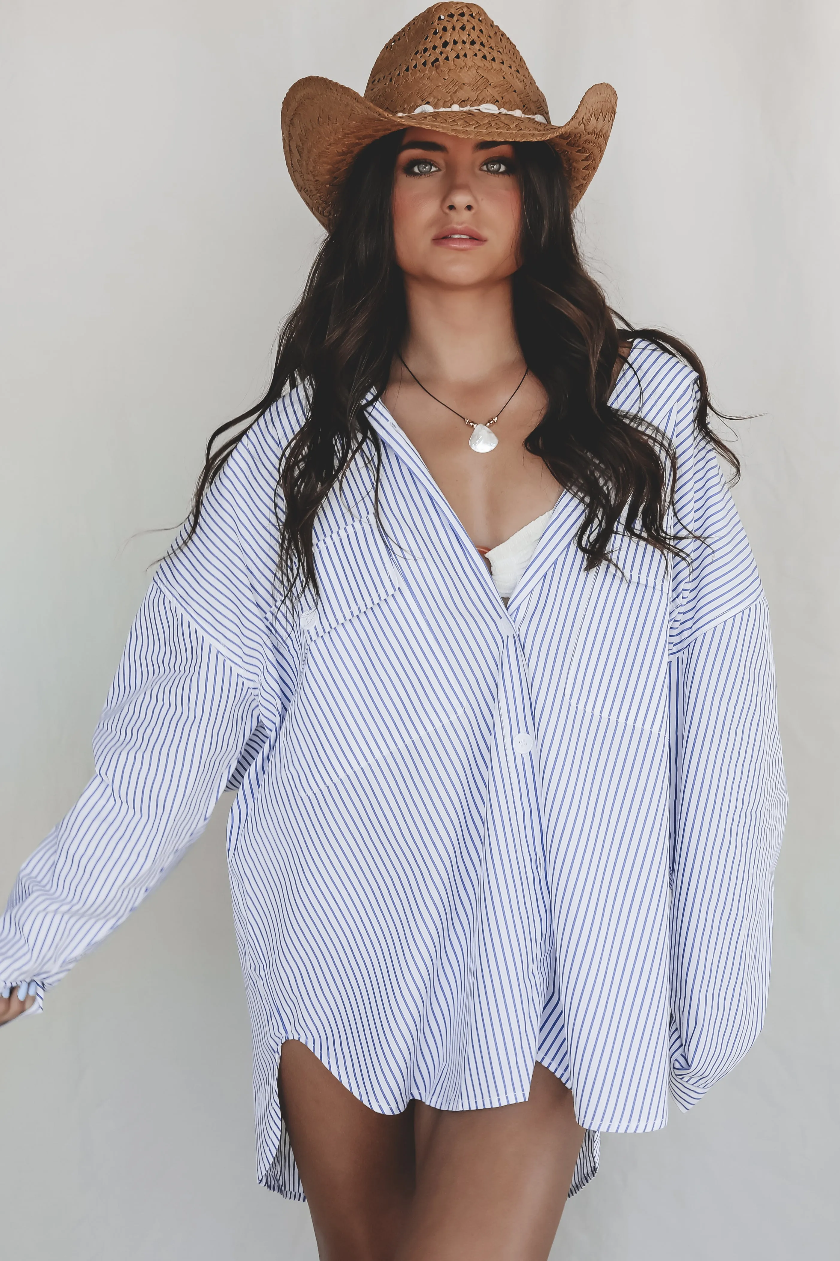 My Boyfriends Blue Striped Oversized Button Up sold by Amazing Lace
