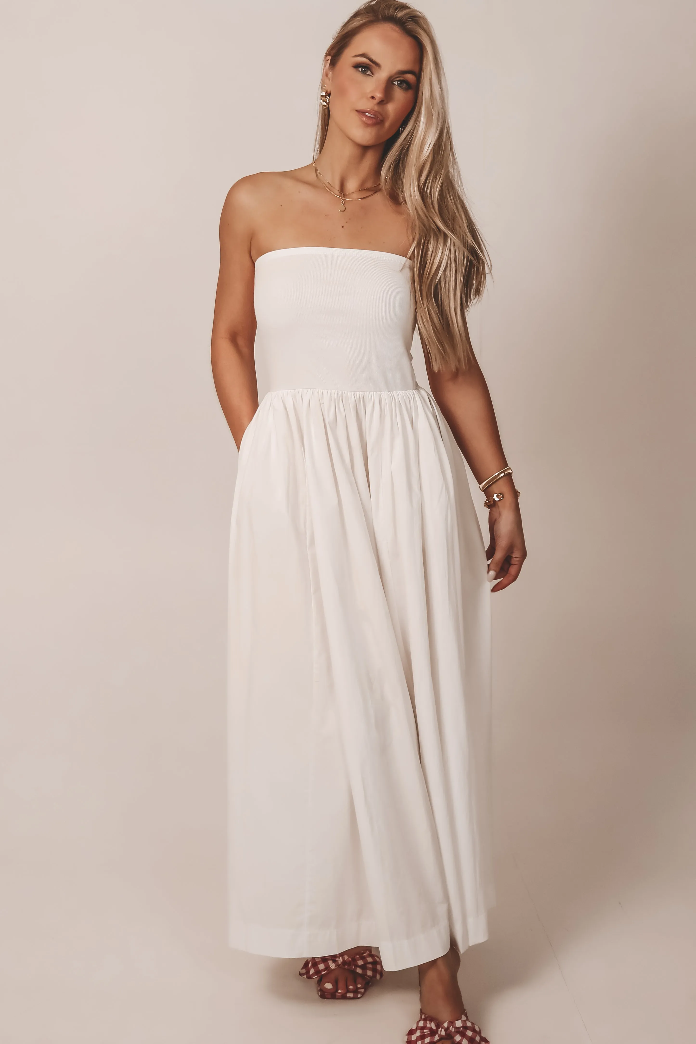 Meet Me A Five Drop Waist White Strapless Maxi Dress sold by Amazing Lace