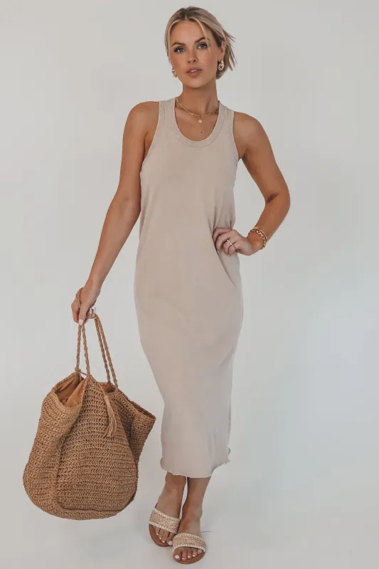 Talk Warmer Weather To Me Taupe Midi Dress sold by Amazing Lace