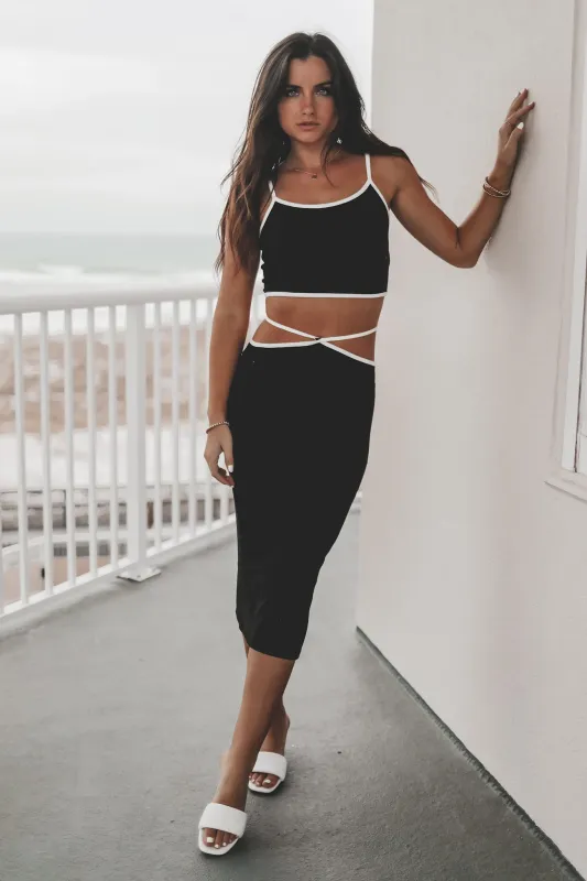 Bout To Catch A Flight Black Midi Skirt Set sold by Amazing Lace