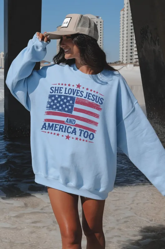 She Loves Jesus And America Too Patriotic Graphic Pullover sold by Amazing Lace