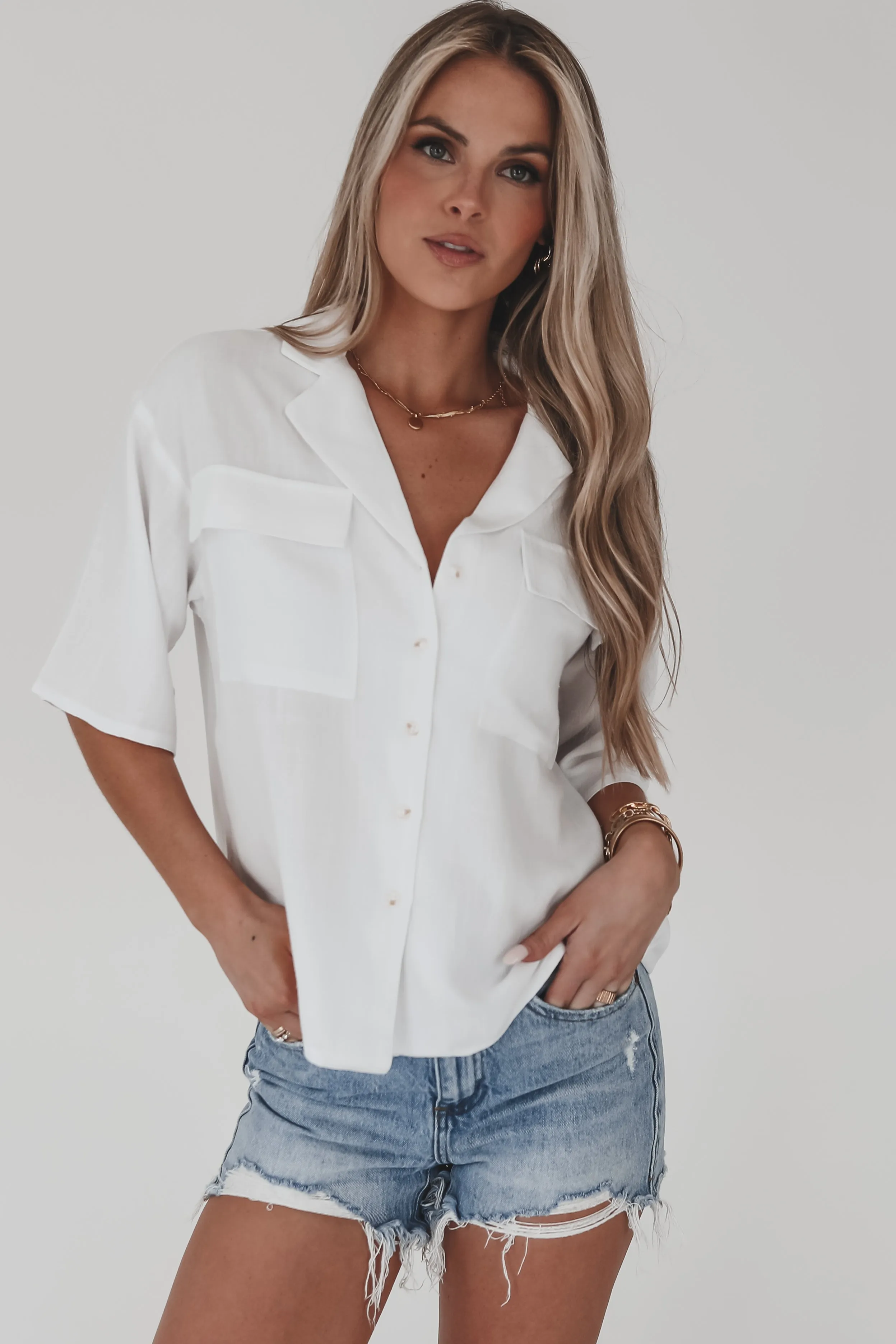DEAL Answering Emails By The Ocean Button Up Cropped Short Sleeve Top sold by Amazing Lace product image thumbnail 5