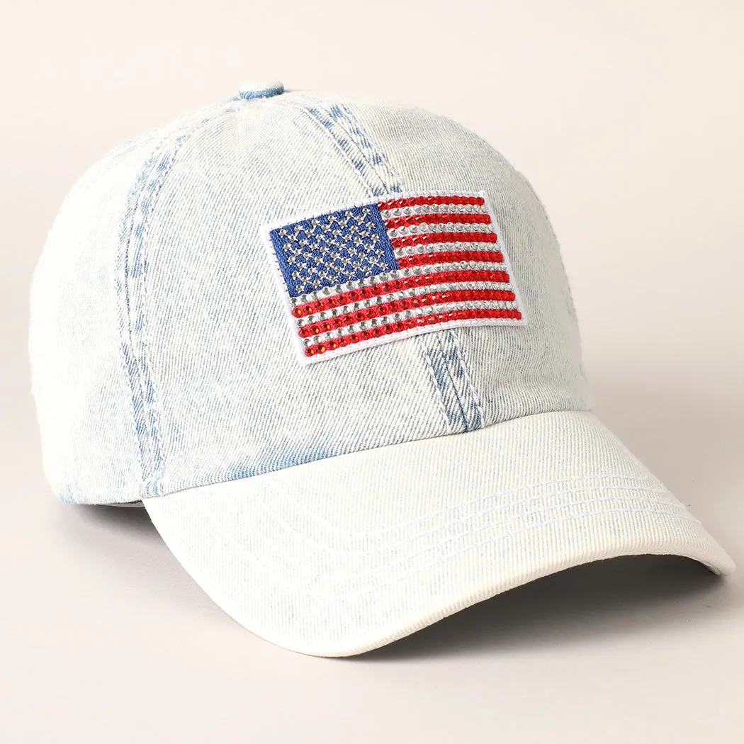 American Flag Rhinestone Denim Baseball Ca- sold by Amazing Lace