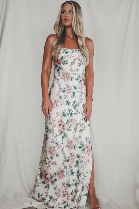 Eyes On You Obviously Ivory Satin Floral Strapless Maxi Dress sold by Amazing Lace