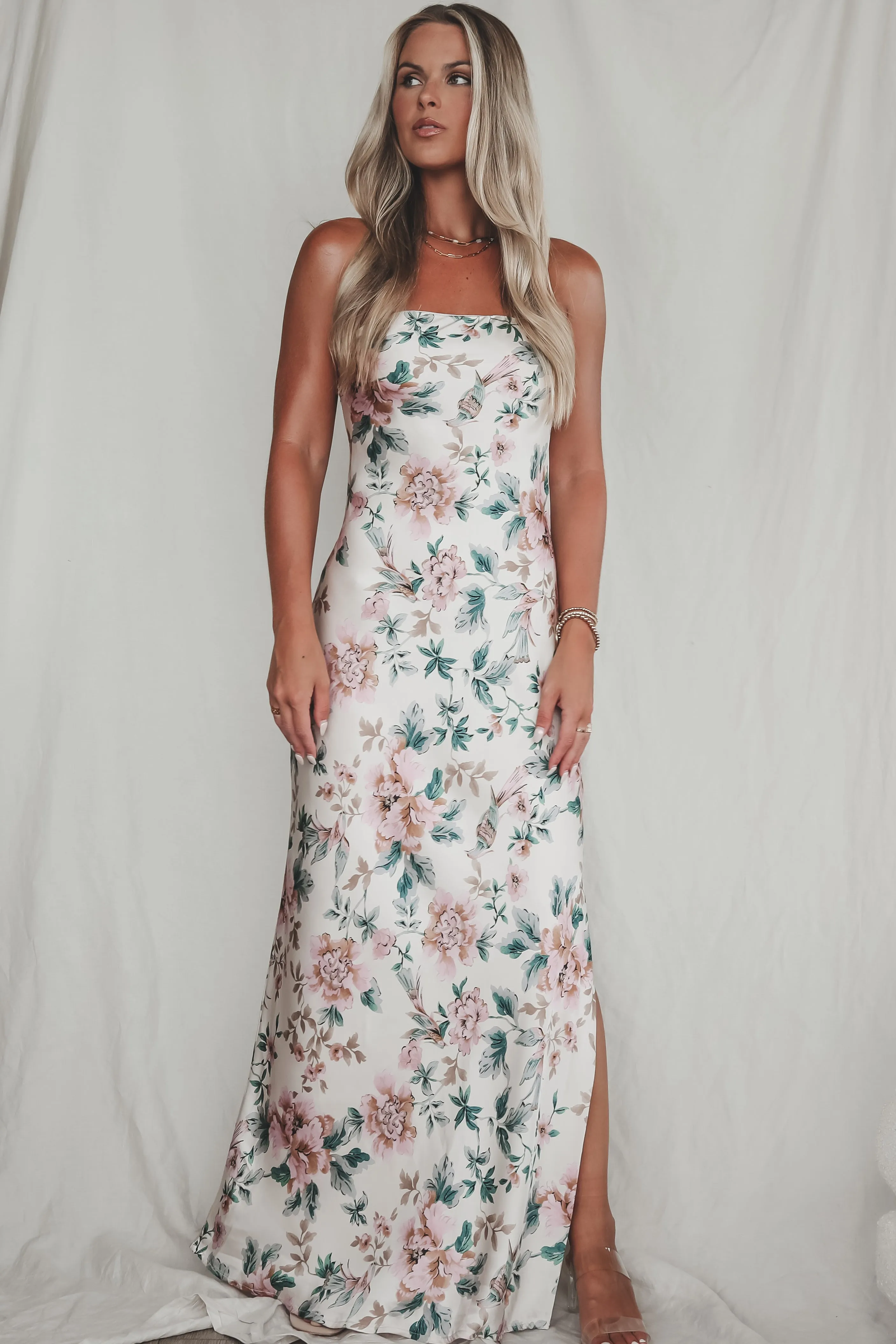 DEAL Eyes On You Obviously Ivory Satin Floral Strapless Maxi Dress sold by Amazing Lace