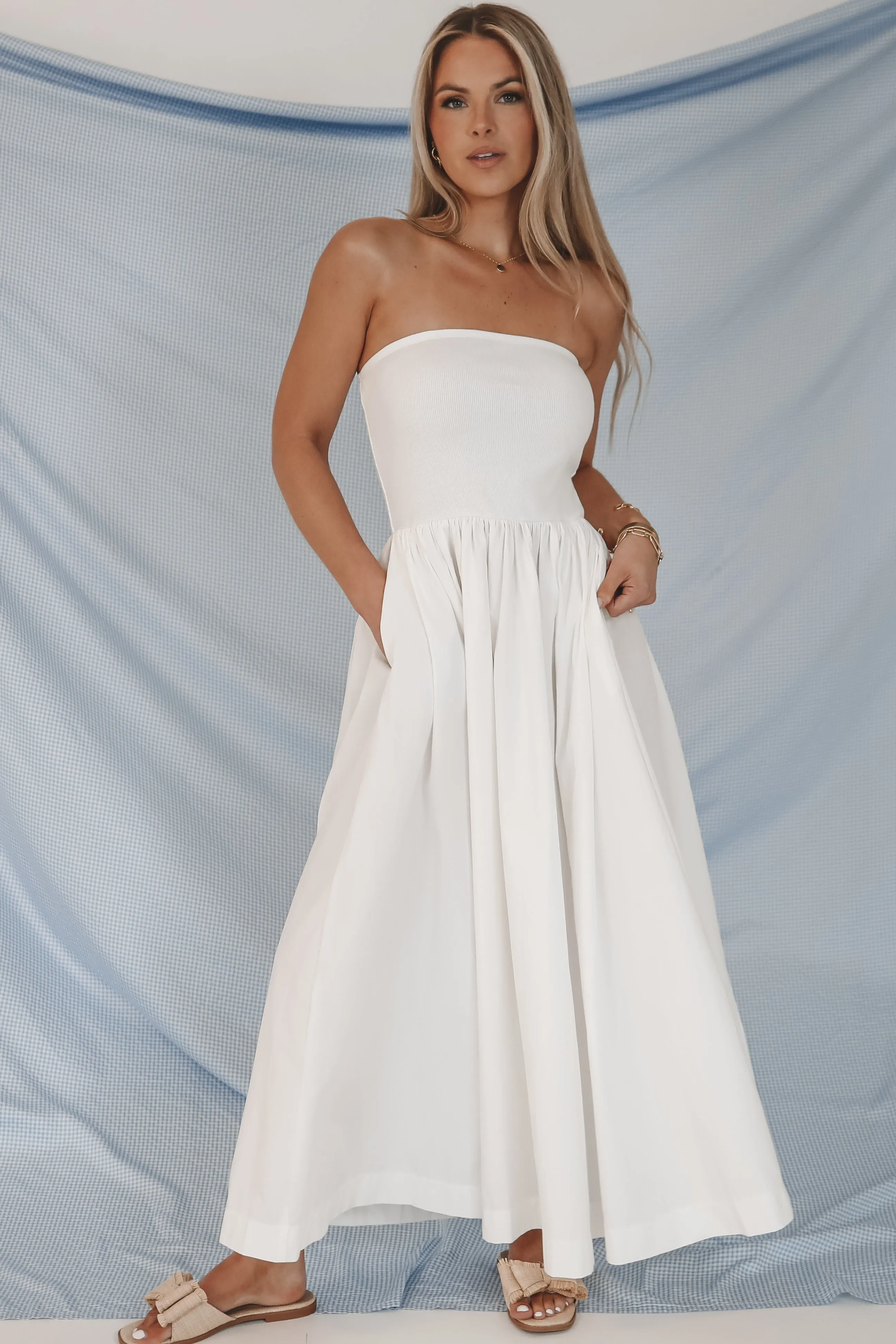Meet Me A Five Drop Waist White Strapless Maxi Dress sold by Amazing Lace
