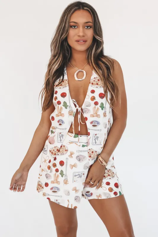 Euro Summer Is Calling Pasta Patterned Open Tie Top sold by Amazing Lace