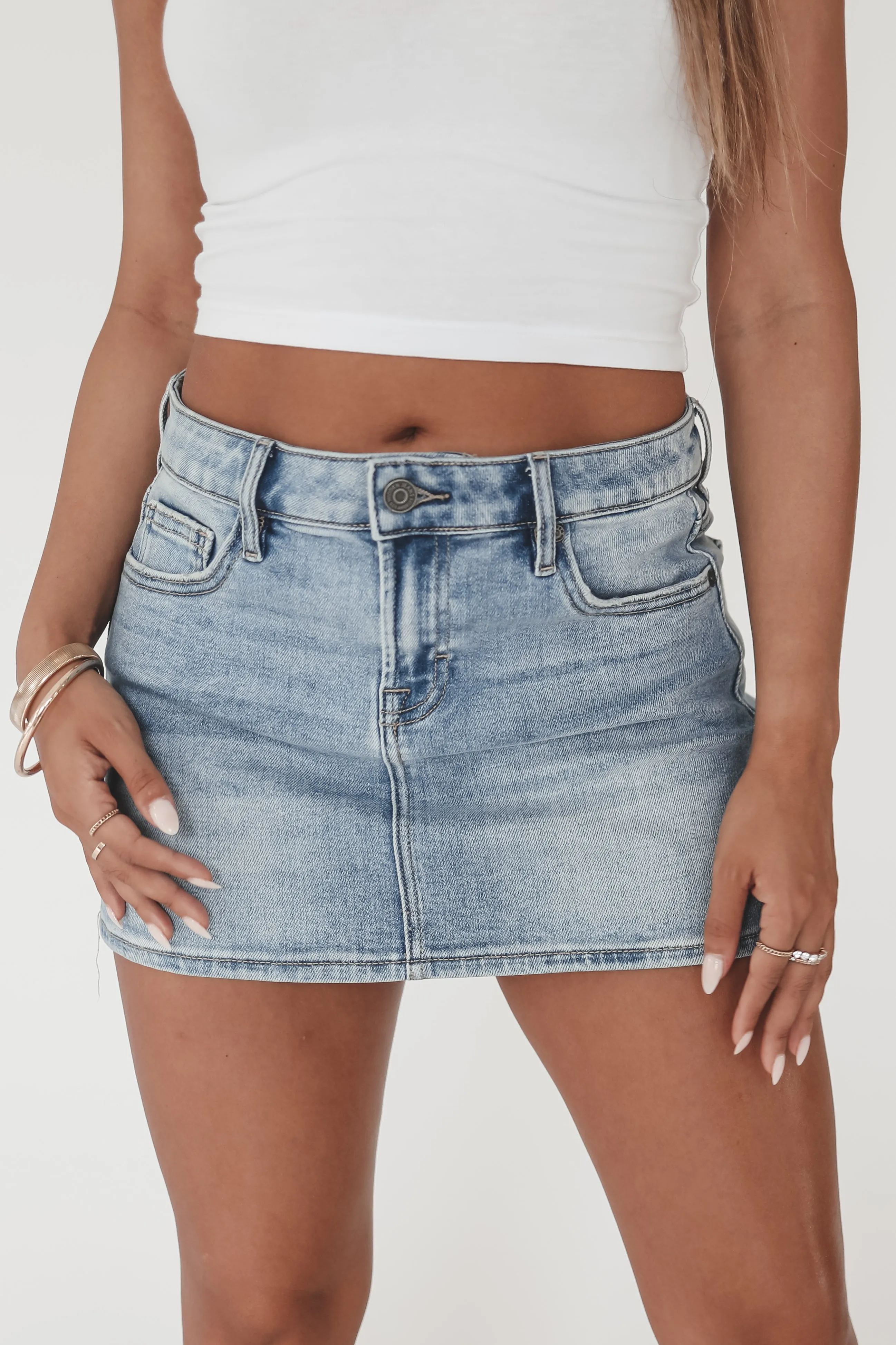 Girl Next Door Medium Light Denim Mini Skirt sold by Amazing Lace