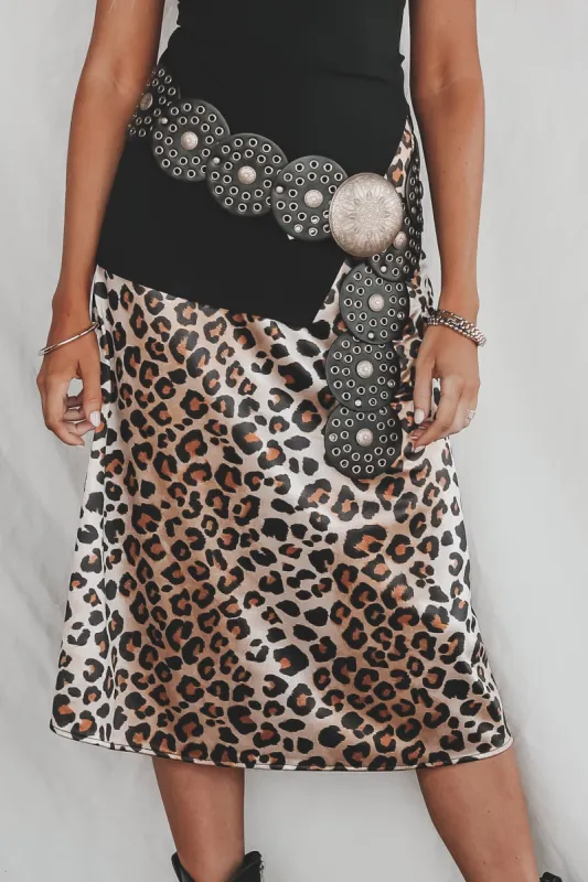DEAL All Eyes On Me Leopard Print Satin Midi Skirt sold by Amazing Lace