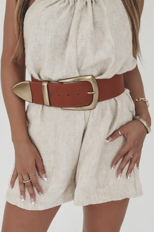 A Statement Was Made Wide Oversized Tan Belt made by Amazing Lace