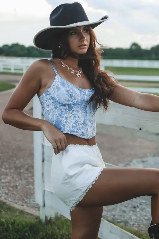 Denim With A Touch Of Lace Corset Top sold by Amazing Lace