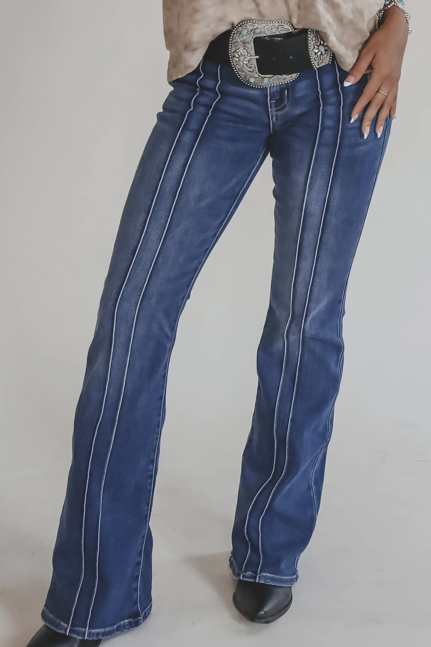 Down For A Good Time Dark Denim Low Rise Flare Pants sold by Amazing Lace