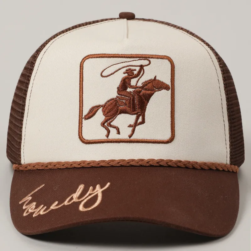Roping Cowboy Howdy Embroidery Brown Mesh Back Trucker Hat sold by Amazing Lace