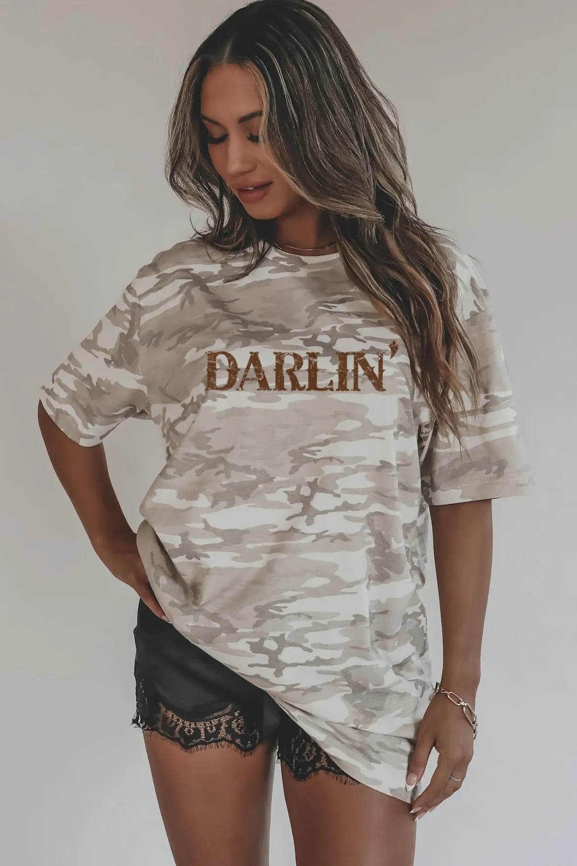 Darlin’ Beige Camo Print Tee sold by Amazing Lace
