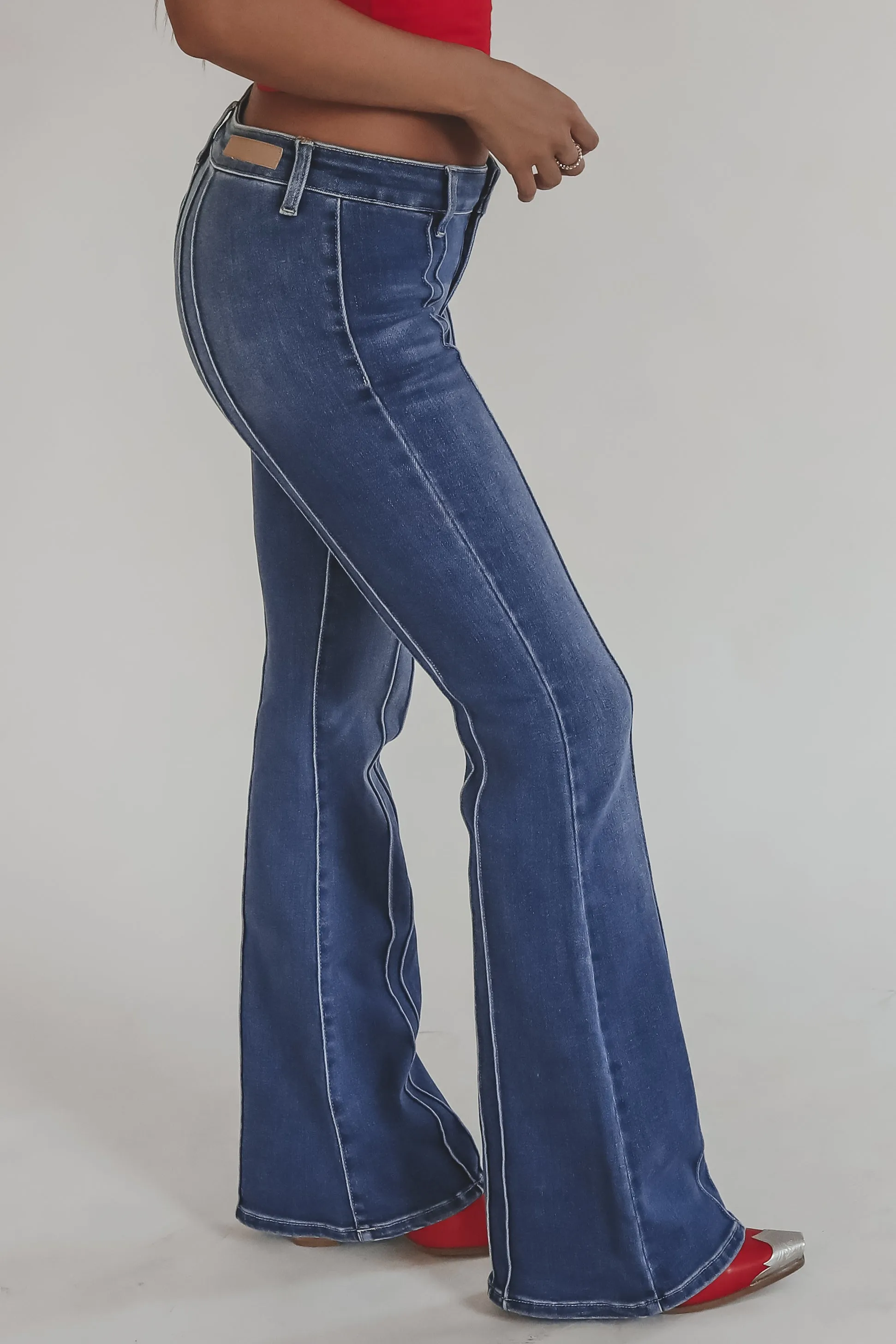 Down For A Good Time Dark Denim Low Rise Flare Pants sold by Amazing Lace product image thumbnail 4
