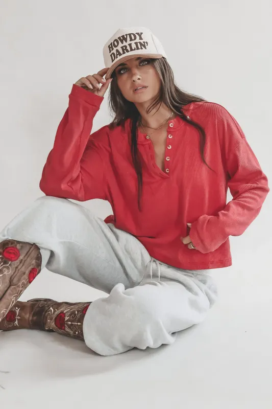 Laying Low This Weekend Long Sleeve Henley Crop Top sold by Amazing Lace