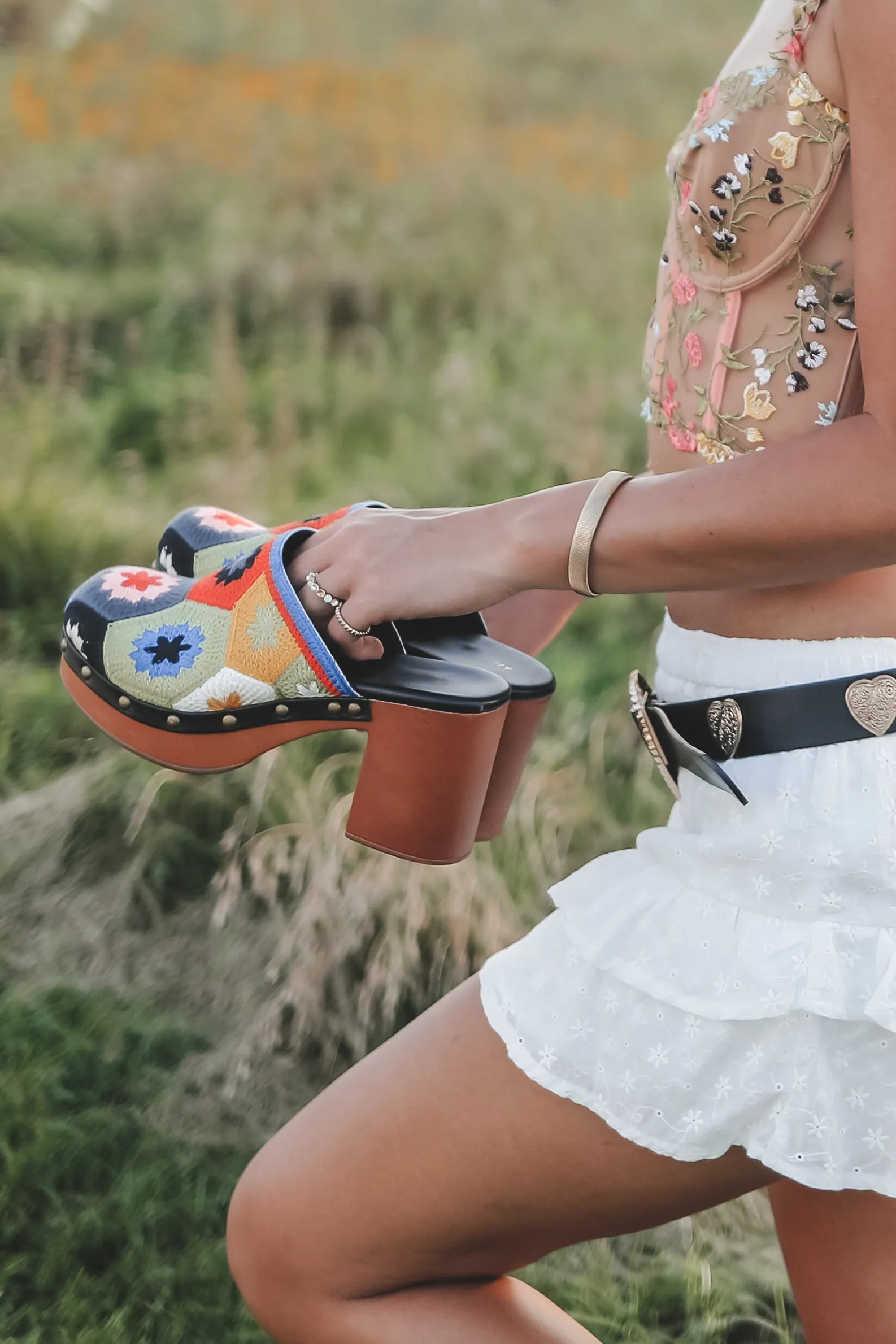 DEAL Fun And Flirty Black Multi Color Floral Crochet Mules sold by Amazing Lace