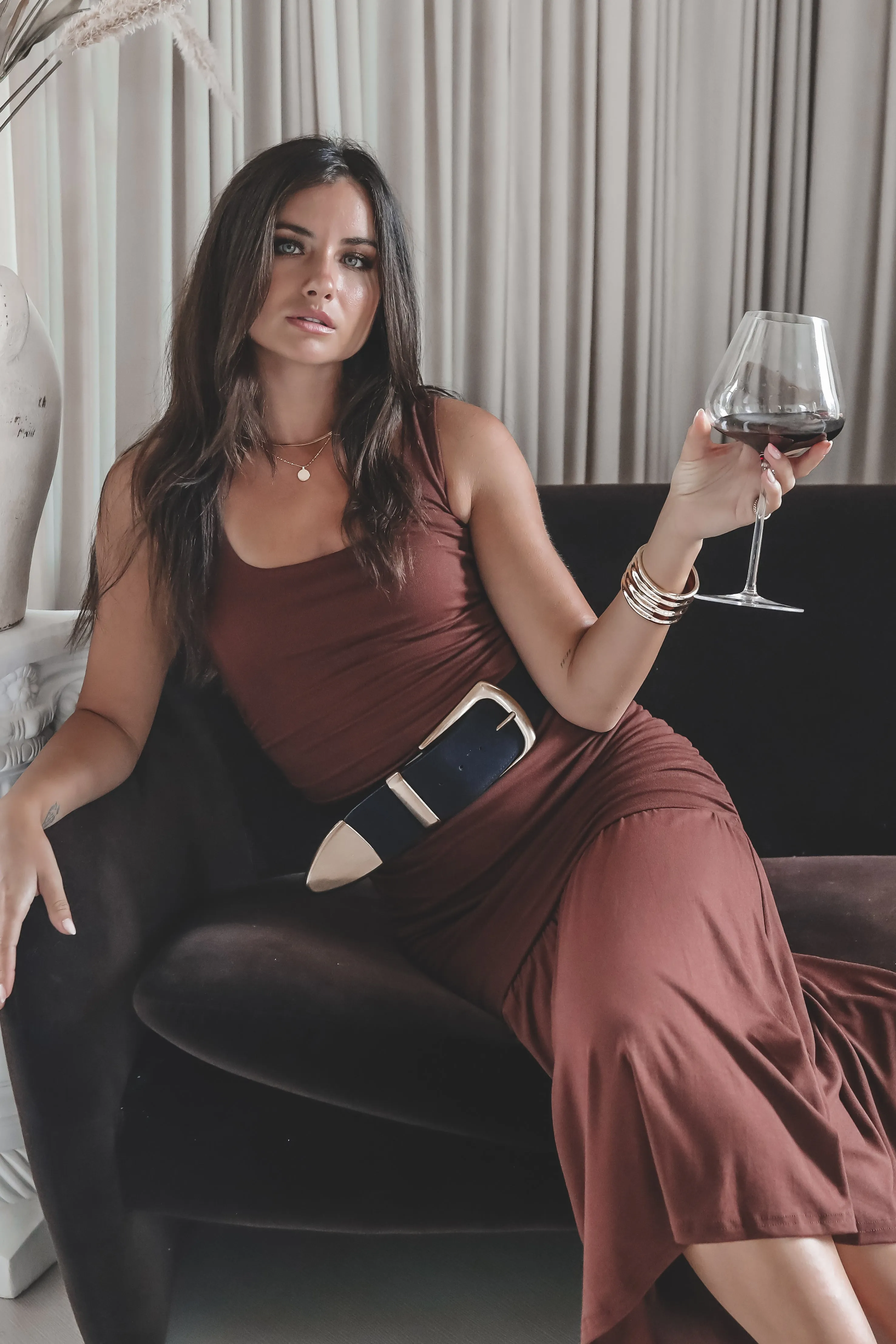 I’ll Cheers To That Brown Midi Dress sold by Amazing Lace