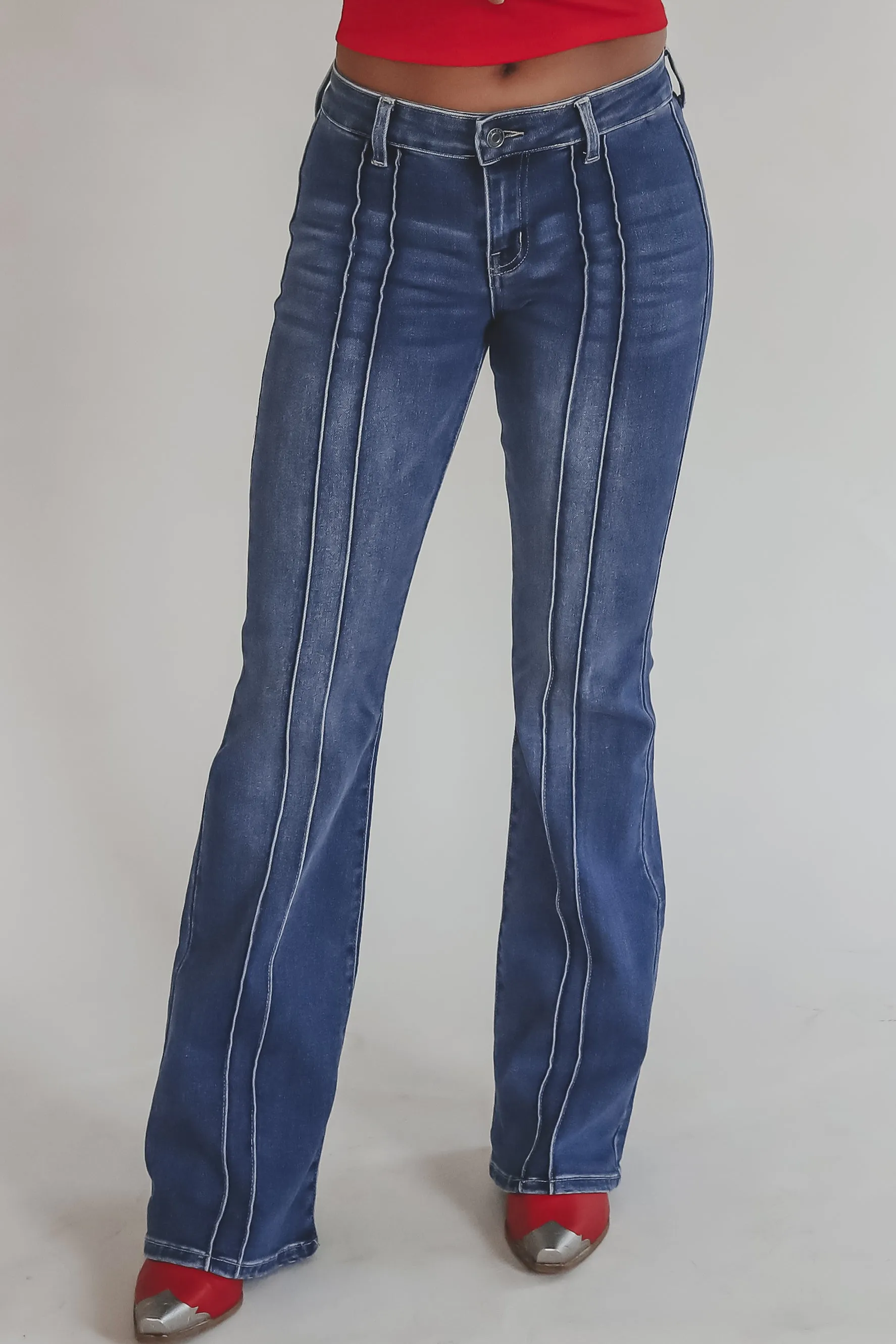 Down For A Good Time Dark Denim Low Rise Flare Pants sold by Amazing Lace product image thumbnail 5