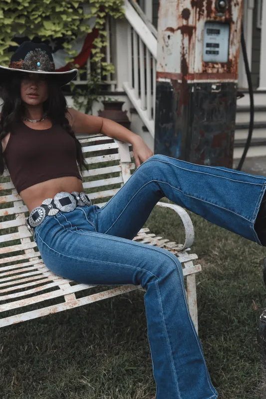 Down For A Good Time Dark Denim Low Rise Flare Pants made by Amazing Lace