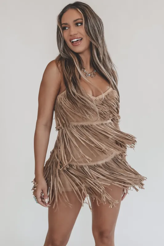 Star Of The Show Beige Suede Fringe Dress sold by Amazing Lace