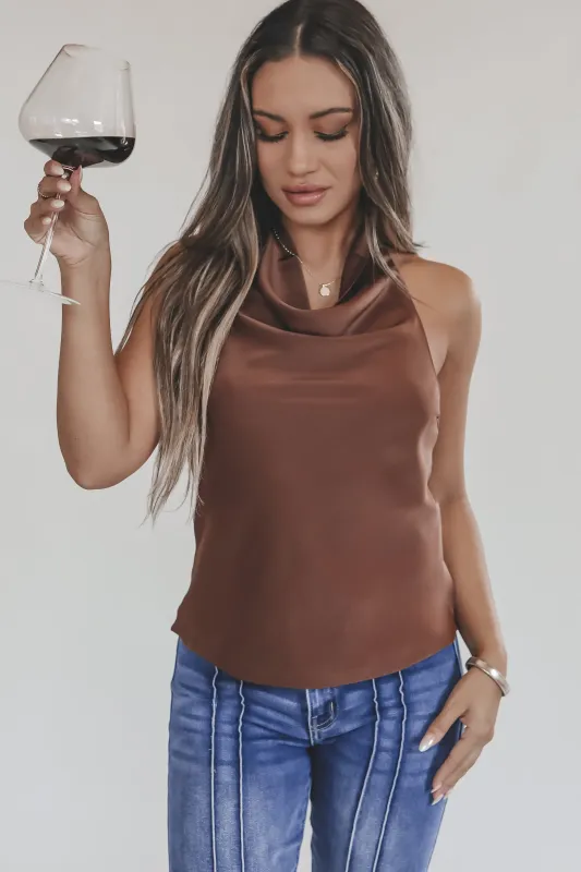 On Wine Time Brown Satin Halter Top sold by Amazing Lace