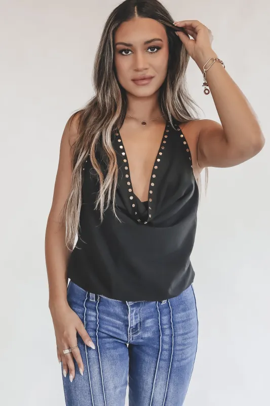The Girls Are Going Out Black Cowl Neck Halter Top sold by Amazing Lace