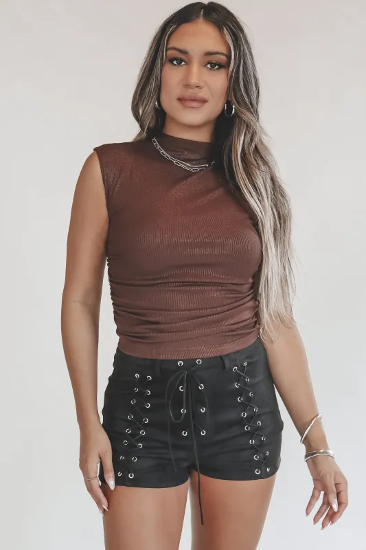 A Sparkle And Shine Mock Neck Brown Simmer Top sold by Amazing Lace