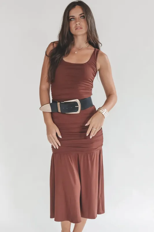 I’ll Cheers To That Brown Midi Dress made by Amazing Lace